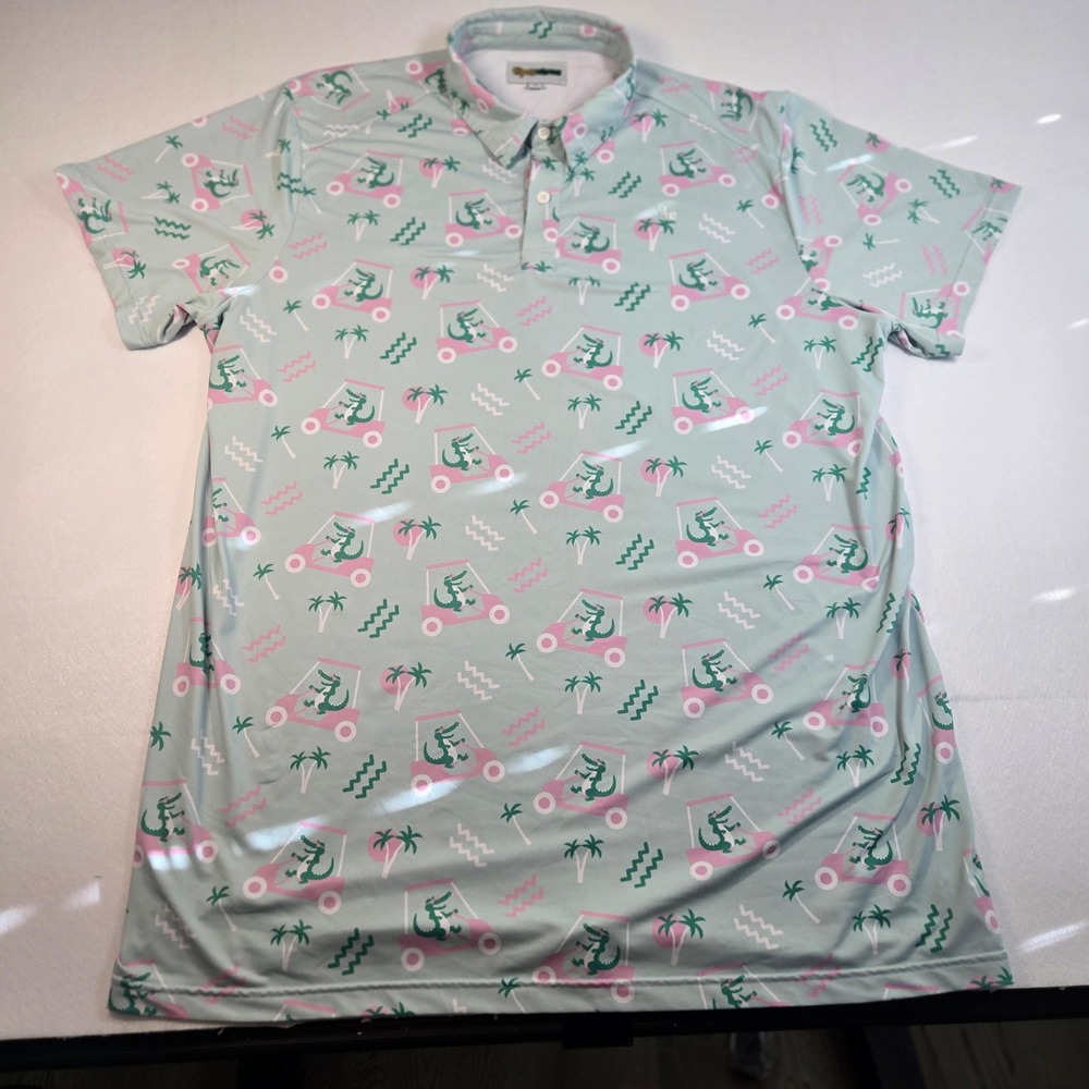 Tipsy Elves Golf Polo Mens 3XL Mint Green Excellent Alligator Golf Cart Print